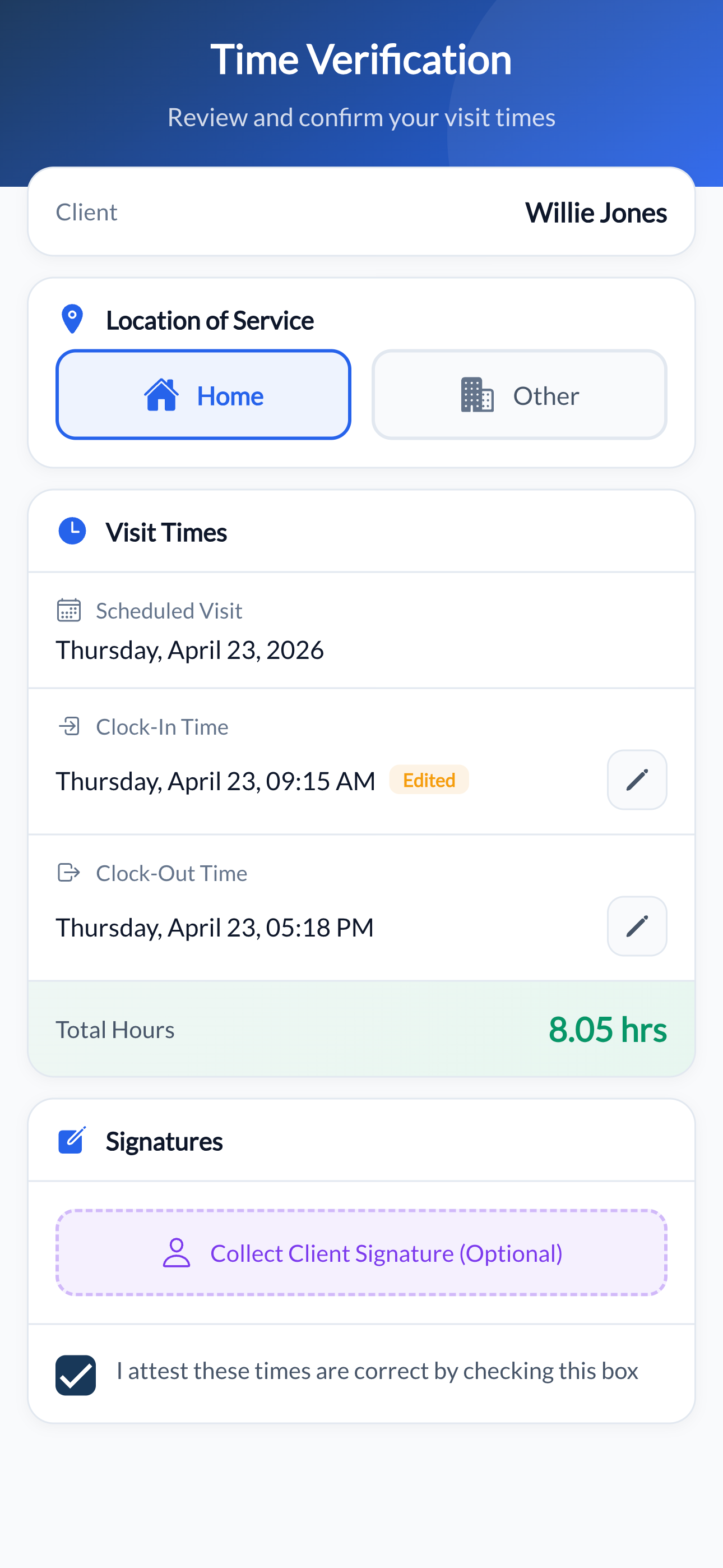 Cura OS DSP mobile app — GPS-verified clock-out for EVV