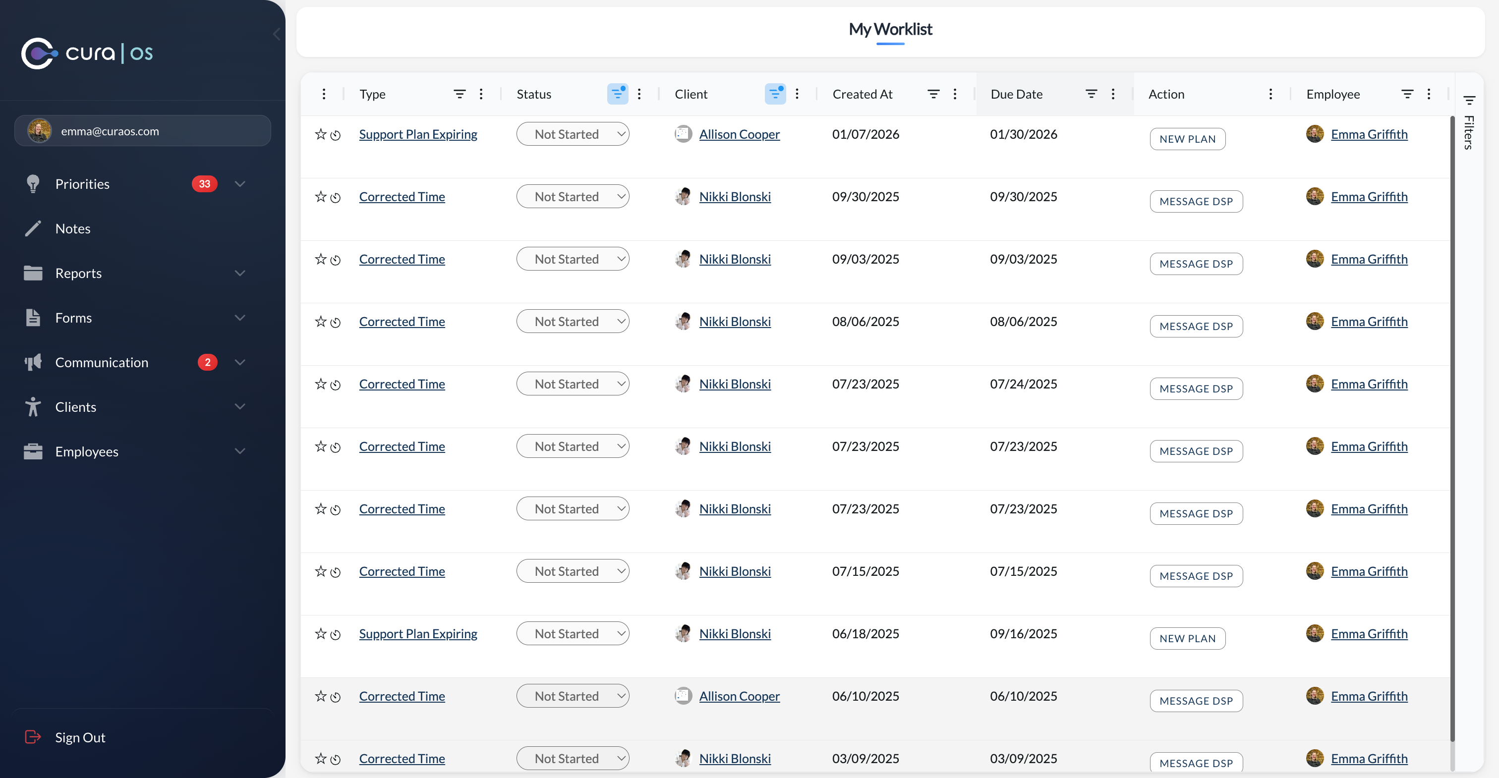 Cura OS supervisor dashboard — real-time shift and documentation overview